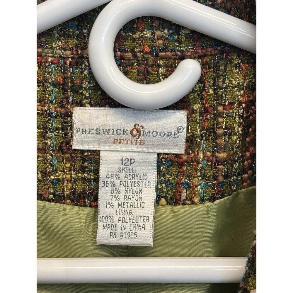 Preswick & Moore Tweed Blazer Sz 12P Green Brown Jacket Vintage Career Preppy